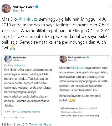 Cuitan Gus Nadir setelah didoakan dapat bencana. (Twitter/na_dirs)