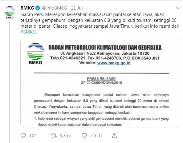 Siaran pers BMKG dikoreksi oleh Ahli Bahasa Indonesia Ivan Lanin (Twitter/ @infoBMKG)