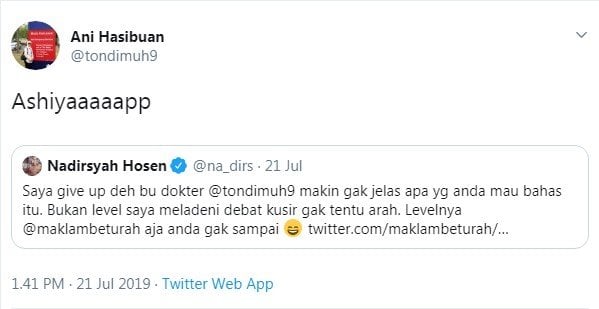 Twitwar Gus Nadir dan Ani Hasibuan soal doa 02 tak dikabulkan (Twitter)