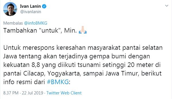 Siaran pers BMKG dikoreksi oleh Ahli Bahasa Indonesia Ivan Lanin (Twitter/ @infoBMKG)