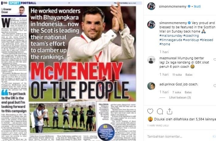 Simon McMenemy masuk dalam pemberitaan Scottish Mail. (Instagram/@SimonMcemeny).