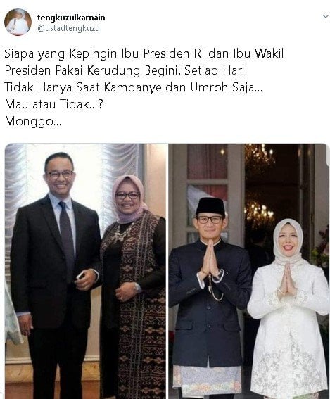 Kicauan Tengku Zul soal ibu presiden dan ibu wapres berkerudung. (Twitter/@ustadztengkuzul)