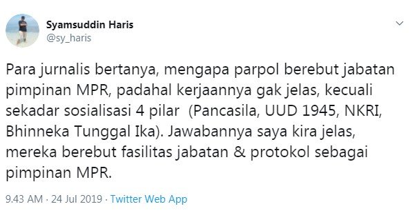 Cuitan pengamat LIPI soal perebutan kursi ketua MPR (Twitter/ @sy_haris)