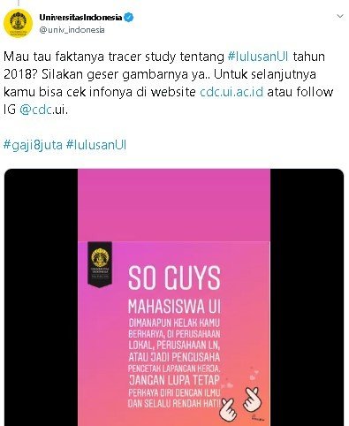 Tracer study lulusan UI 2018. (Twitter/@univ_indonesia)
