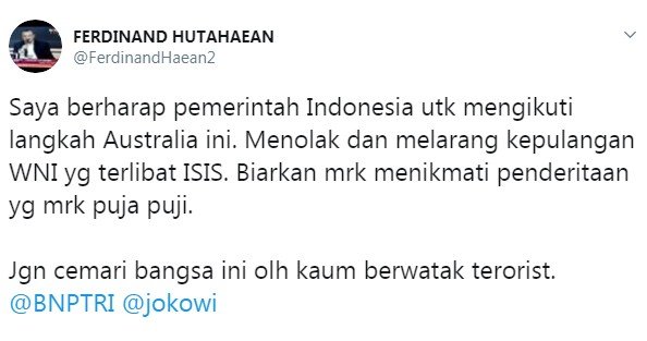 Demokrat tolak pemulangan WNI eks simpatisan ISIS (Twitter/ @ferdinandhaean2)