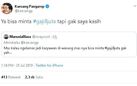 Cuitan Kaesang soal gaji Rp 8 juta. (Twitter/@kaesangp)