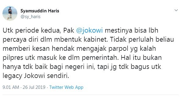 Cuitan Syamsuddin Haris soal ajakan Jokowi gabung koalisi (Twitter/ @sy_haris)