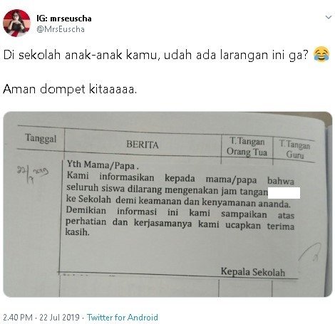 Cuitan soal larangan pakai jam tangan pintar ke sekolah. (Twitter/@MrsEuscha)