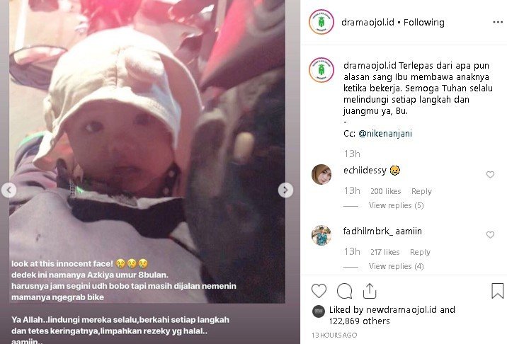 Sopir ojek online gendong anak sambil kerja. (Instagram/@nikenanjani)