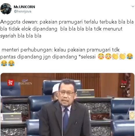 Debat antara dewan dan menteri perhubungan di Malaysia soal baju pramugari. (Twitter/@henrijova)