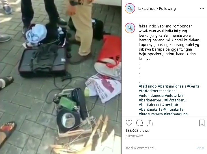 Wisatawan India gondol barang-barang hotel di Bali. (Instagram/@fakta.indo)
