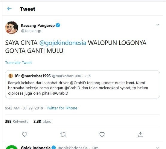 Kaesang Pangarep - putera Presiden Jokowi - memuji Gojek ketika menimpali percakapan abangnya Gibran dengan Grab pada Senin (29/7/2019). [Twitter/@kaesangp]