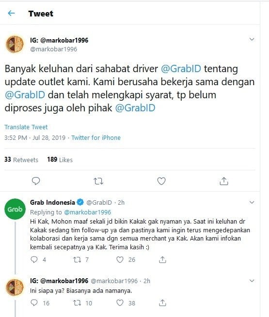 Percakapan Markobar, perusahaan martabak milik Gibran Rakabuming Raka dengan Grab di Twitter, Minggu (28/7/2019). [Twitter/@markobar1996]