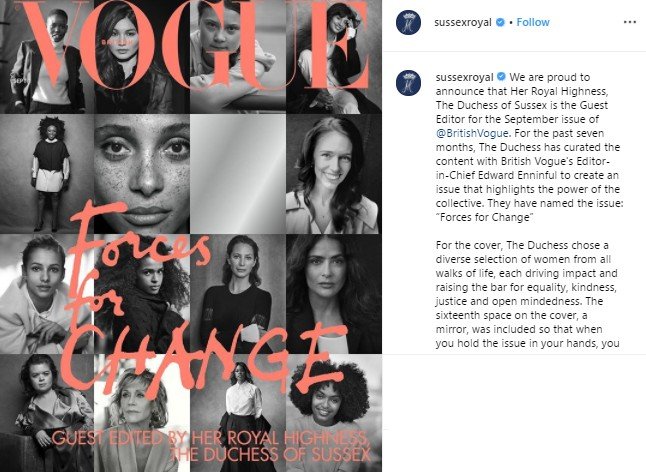 Meghan Markle Jadi Editor Tamu Majalah Vogue Inggris. (Instagram/@sussexroyal)