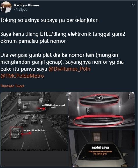 Kena Tilang Elektronik Nyasar Karena Pelat Nomor Palsu. (Twitter/rdtyou)