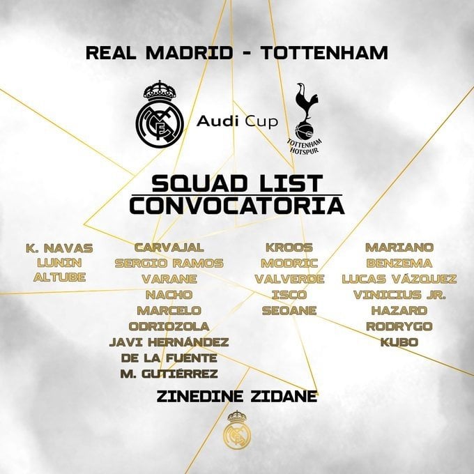 Daftar pemain Real Madrid untuk menghadapi Tottenham di Audi Cup 2019. (Twitter/@realmadriden).