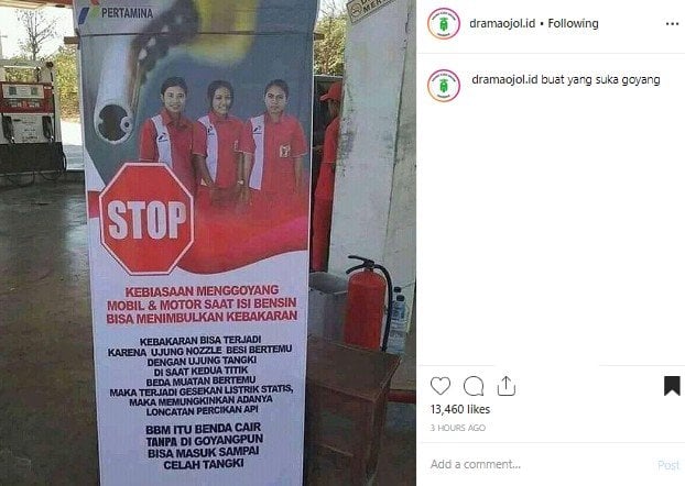 Imbauan Pertamina mengenai penggoncangan kendaraan. (Instagram/@dramaojol.id)