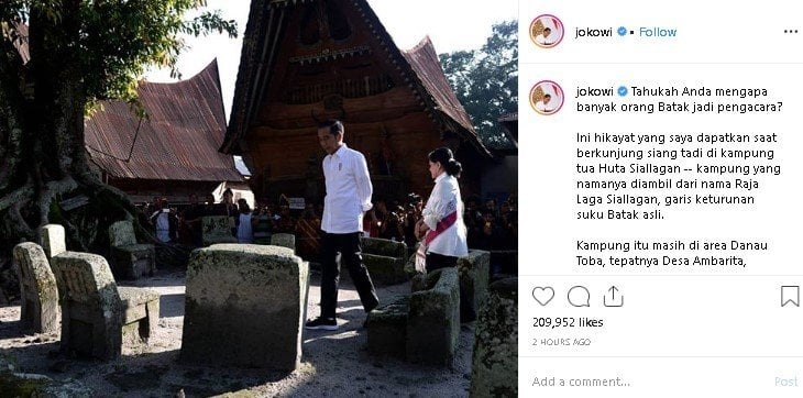 Jokowi bersama Iriana mengunjungi Kampung Huta Siallagan, Ambarita, Samosir, Sumatera Utara. (Instagram/@jokowi)