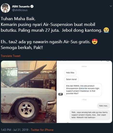 Alitt 'Shitlicious' Susanto Dapat Air Suspension Gratis. (Twitter/shitlicious)