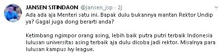 Cuitan Jansen Sitindaon soal impor rektor asing. (Twitter/@jansen_jsp)