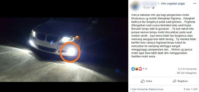 Warganet komplain mengenai foglamp yang bikin silau. (Facebook)