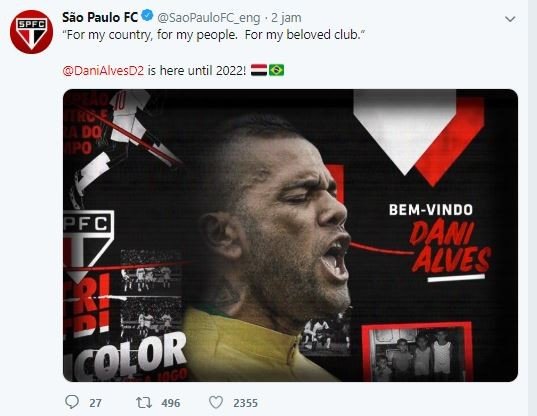 Dani Alves resmi gabung Sao Paolo. (Twitter/@SaoPauloFC_eng).