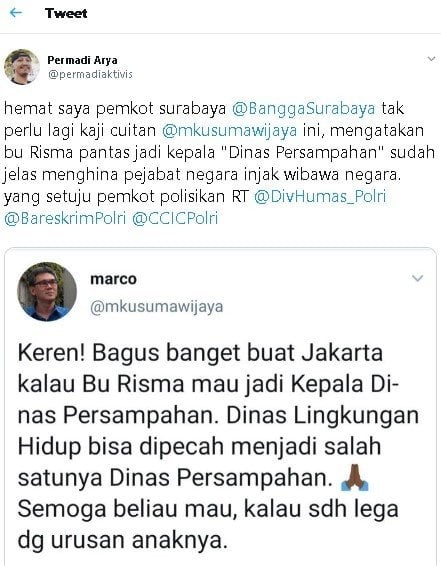 Cuitan Abu Janda soal sindiran Marco Kusumawijaya ke Tri Rismaharini. (Twitter/@permadiaktvs)