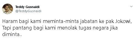 Cuitan Teddy Gusnaidi soal jabatan. (Twitter/@TeddyGusnaidi)