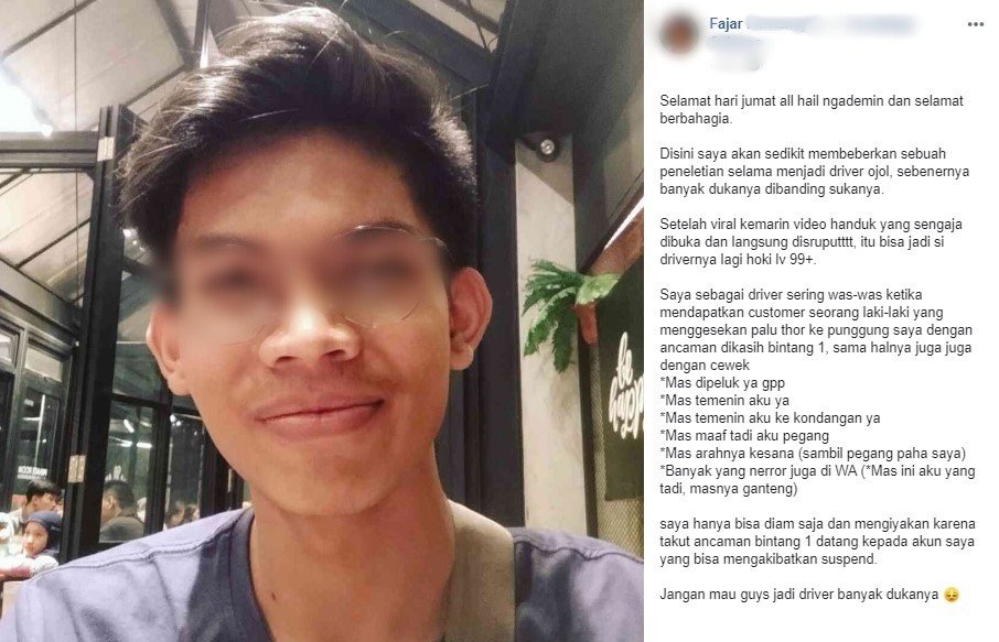 Driver Ojol Sering Dilecehkan Penumpang. (Facebook/Fajar)