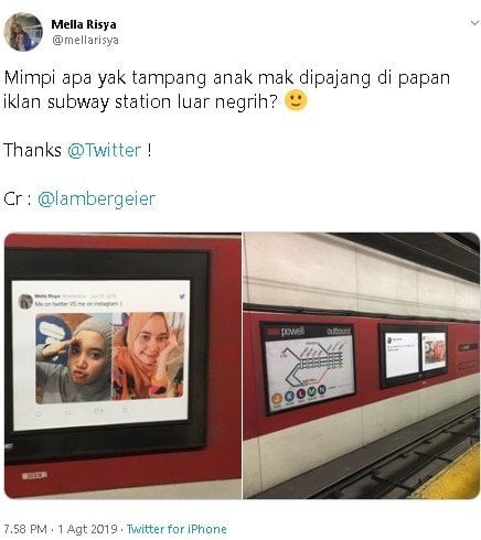 Foto wanita Indonesia dibalas Twitter dan dipajang di luar negeri. (Twitter/@mellarisya)