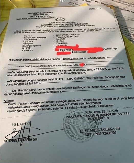 Surat kehilangan yang dibuat Hotman Paris. [Instagram]