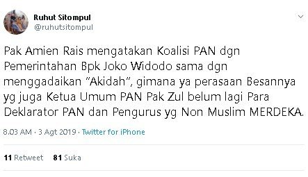 Cuitan Ruhut Sitompul yang menyindir pernyataan Amien Rais soal koalisi PAN dengan pemerintahan Jokowi. (Twitter/@ruhutsitompul)