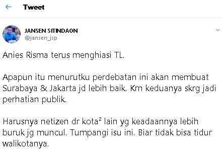 Cuit Jansen Sitindaon soal Anies-Risma ramai diperbincangkan. (Twitter/@jansen_jsp)