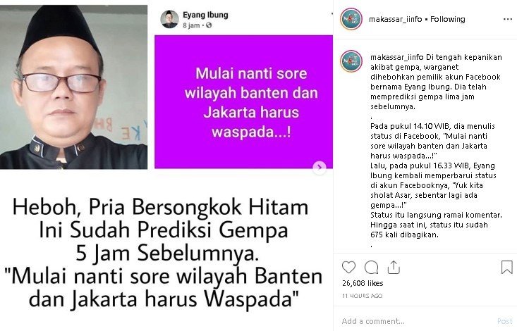 Akun bernama Eyang Ibung tulis status gempa sebelum kejadian. (Instagram/@makassar.iinfo)