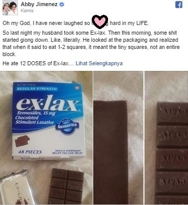 Tak Sengaja Makan Cokelat Laksatif, Pria Ini Bolak Balik ke Kamar Mandi. (Facebook/Abby Jimenez)