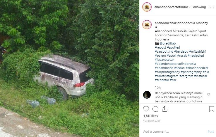 Pajero Sport Ditemukan di Semak-semak di Samarinda, Kalimantan Timur. (Instagram/abandonedcarsofindonesia)