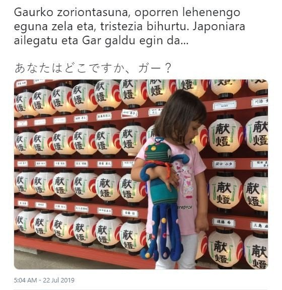 Boneka Hilang Saat Liburan, Balita Ini Dapat Bantuan dari Warganet Jepang (twitter.com/NoraEtaGar)