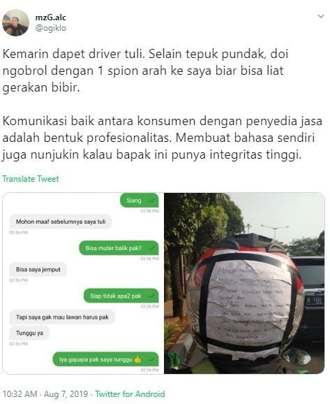 Driver Ojol Tunarungu. (Twitter/ogiklo)