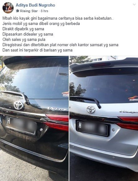 Mobil dengan Jenis, Tipe dan Pelat Nomor dari Samsat yang Sama. (Facebook/Aditya Budi)