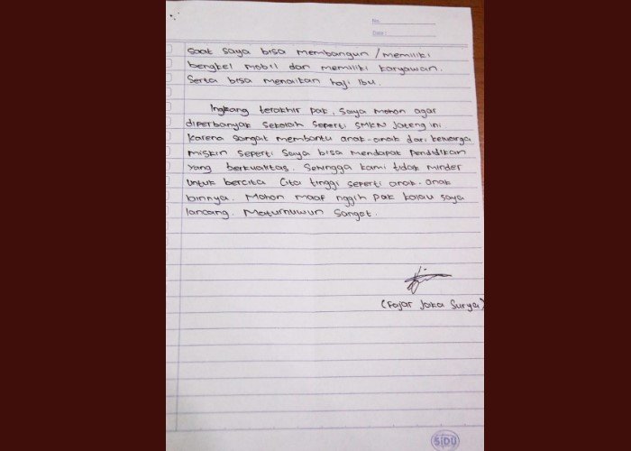 Surat anak buruh tenun untuk Ganjar Pranowo. (Twitter/@ganjarpranowo)