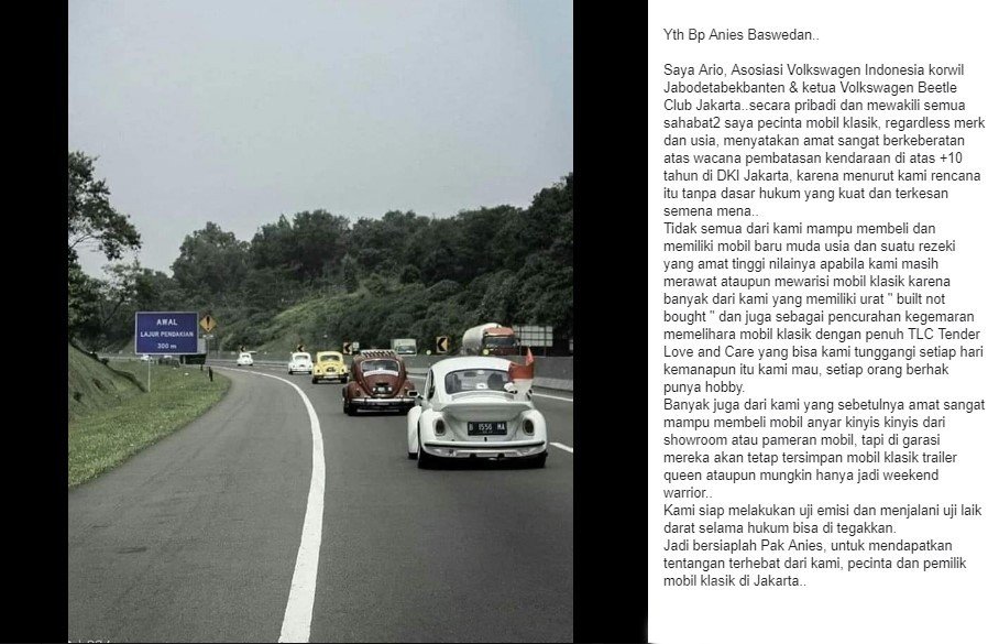 Ketua VW Club Indonesia Angkat Bicara Soal Pembatasan Usia Mobil di Jakarta. (Facebook/Aio Setiantoro)