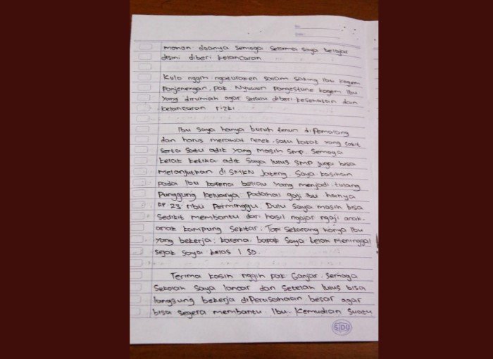 Surat anak buruh tenun untuk Ganjar Pranowo. (Twitter/@ganjarpranowo)