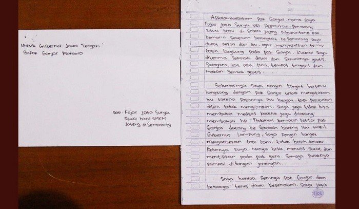 Surat anak buruh tenun untuk Ganjar Pranowo. (Twitter/@ganjarpranowo)