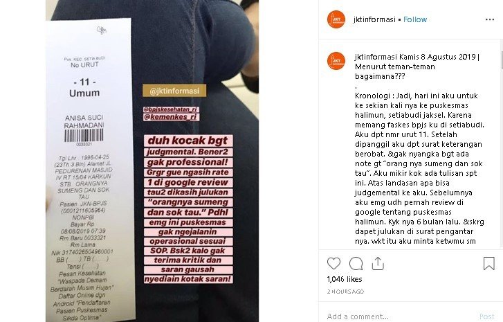 Keluhan pasien yang dibilang sok tahu. (Instagram/@jktinformasi)