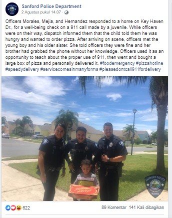 Curhat Lapar ke 911, Bocah Ini Malah Dapat Hadiah Seloyang Pizza. (Facebook/Sanford Police Department
