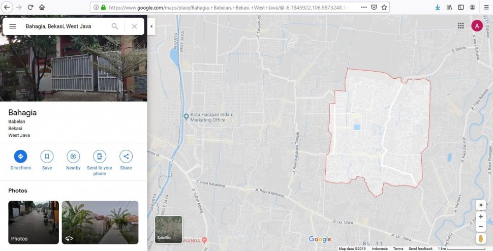 Hasil pencarian peta wilayah Kelurahan Bahagia yang jadi lokasi aliran Kali Bahagia. [Google Maps/captured]