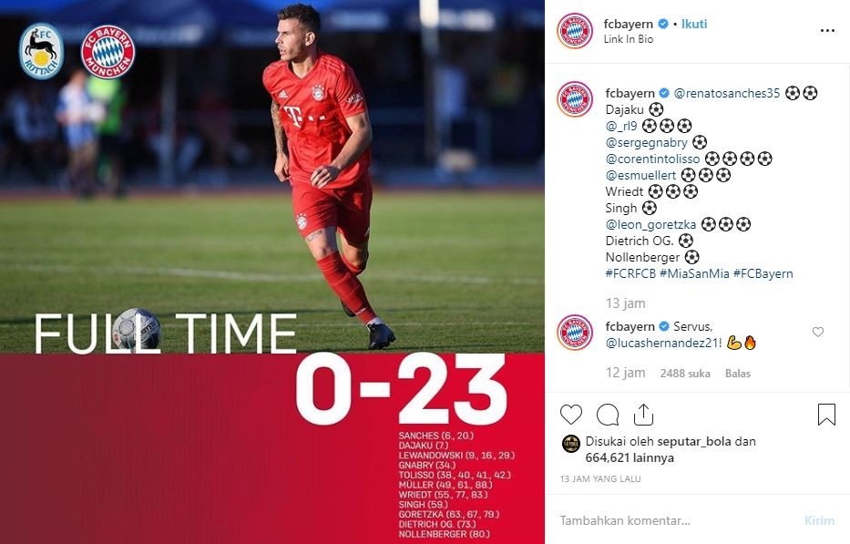 Bayern Munchen menang dengan skor 23-0 saat menghadapi tim amatir Jerman, FC Rottach-Egern di Sportplatz Birkenmoos Stadium, Kamis (8/8/2019) malam. (Instagram/fcbayern)