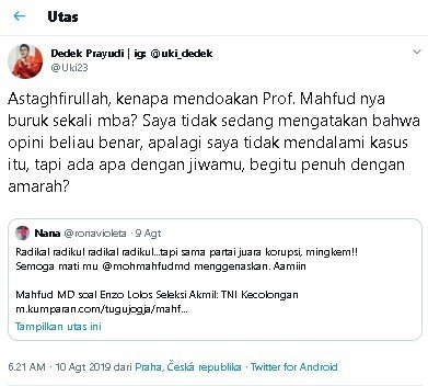 Cuitan Dedek Prayudi soal warganet yang mendoakan Mahfud MD. (Twitter/@Uki23)