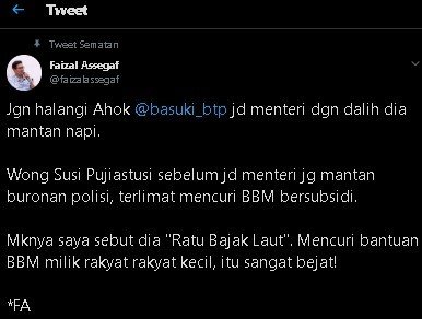 Cuitan Faizal Assegaf soal julukan Ratu Bajak Laut. (Twitter/@faizalassegaf)