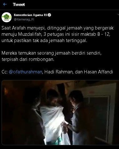 Jemaah haji ditemukan usai tertinggal dari rombongan. (Twitter/@Kemenag_RI)